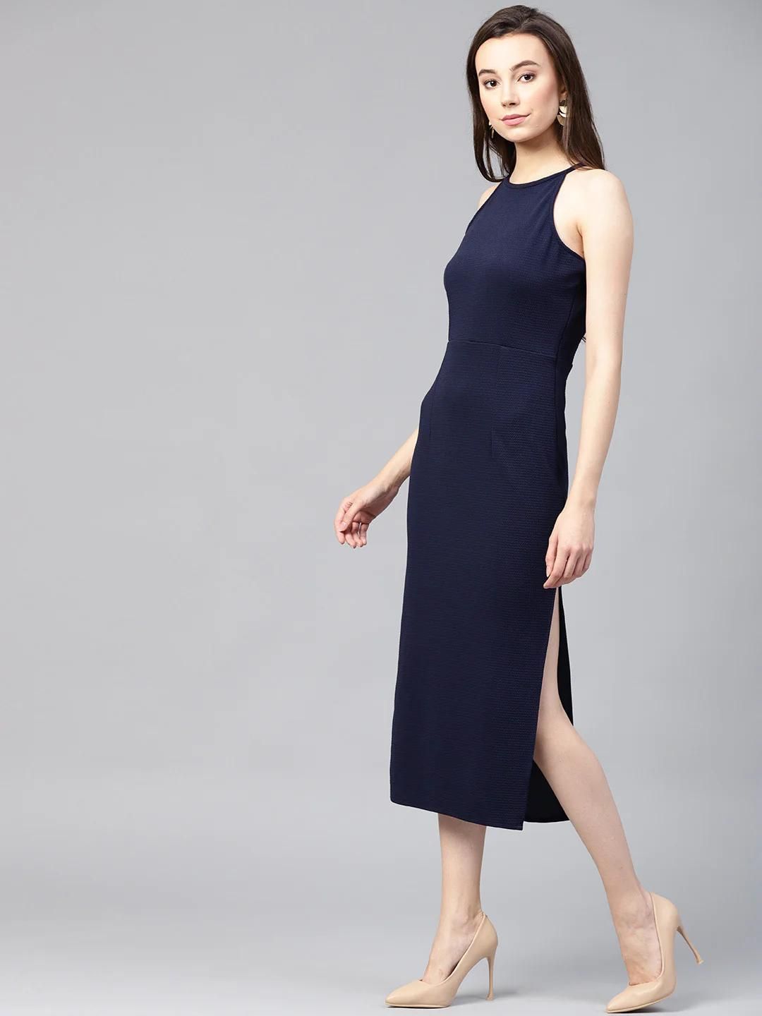 PANNKH Solid Navy Blue Incut Fitted Midi Dress